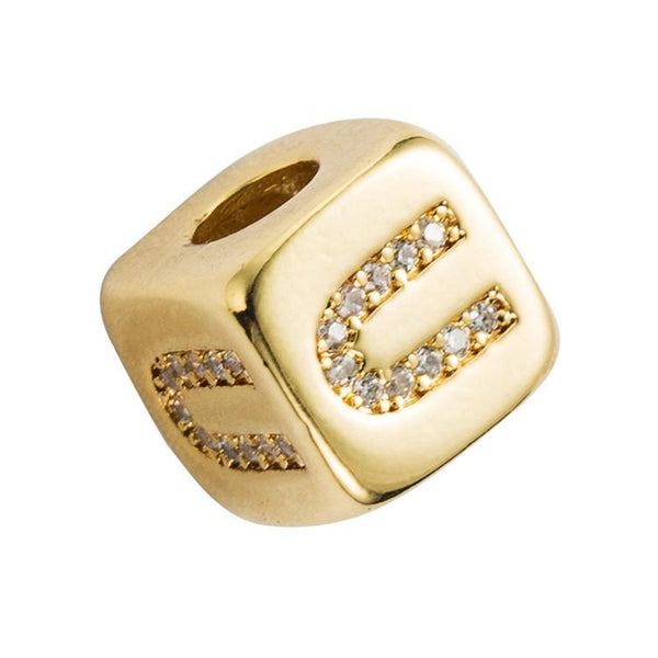 Gold Colour Letter Initial Copper Zircon CZ Bead Charm Bracelet Necklace U