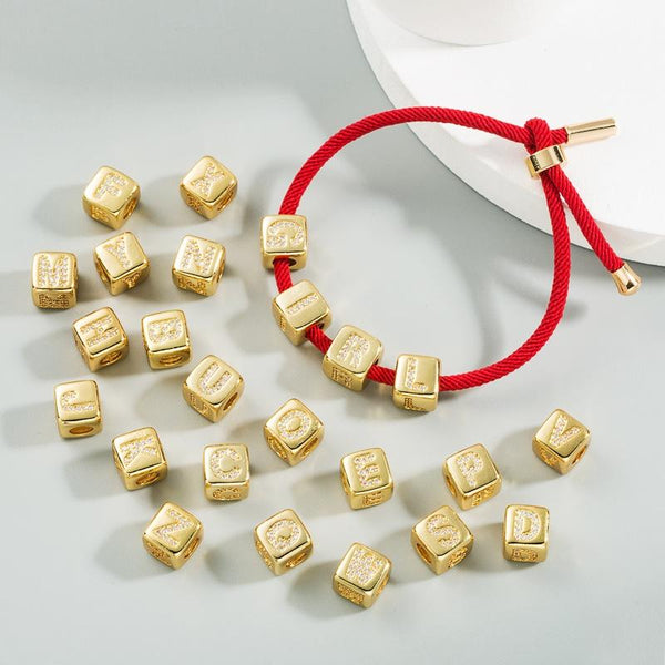 Gold Colour Letter Initial Copper Zircon CZ Bead Charm Bracelet Necklace U