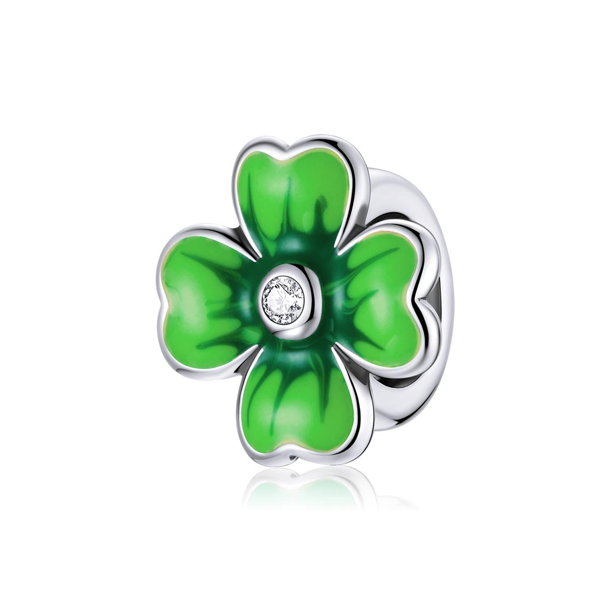 Green Four Leaf Clover Enamel Sterling Silver Zircon CZ Bead Charm Bracelet Necklace