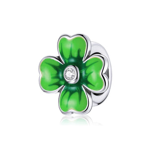 Green Four Leaf Clover Enamel Sterling Silver Zircon CZ Bead Charm Bracelet Necklace