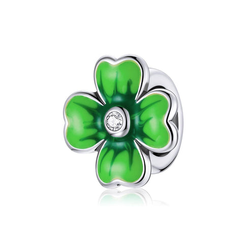 Green Four Leaf Clover Enamel Sterling Silver Zircon CZ Bead Charm Bracelet Necklace