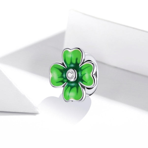 Green Four Leaf Clover Enamel Sterling Silver Zircon CZ Bead Charm Bracelet Necklace