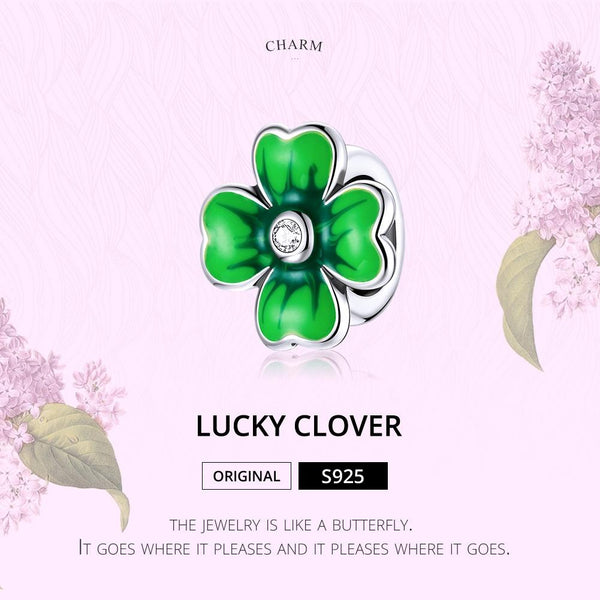Green Four Leaf Clover Enamel Sterling Silver Zircon CZ Bead Charm Bracelet Necklace