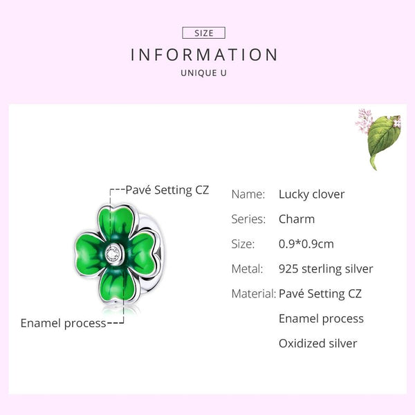 Green Four Leaf Clover Enamel Sterling Silver Zircon CZ Bead Charm Bracelet Necklace