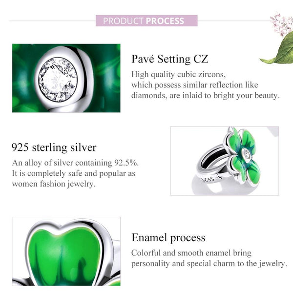 Green Four Leaf Clover Enamel Sterling Silver Zircon CZ Bead Charm Bracelet Necklace