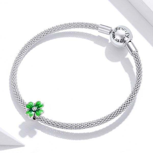 Green Four Leaf Clover Enamel Sterling Silver Zircon CZ Bead Charm Bracelet Necklace