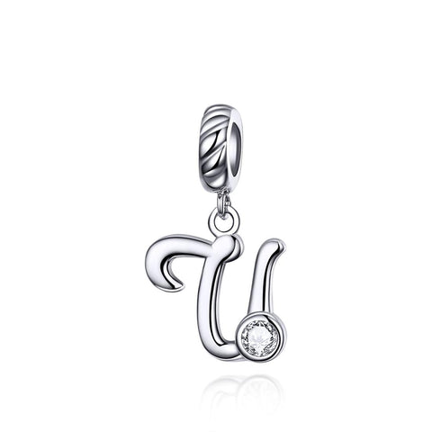 U Letter Initial Platinum Plated Sterling Silver Crystal Zircon Charm Bracelet Necklace