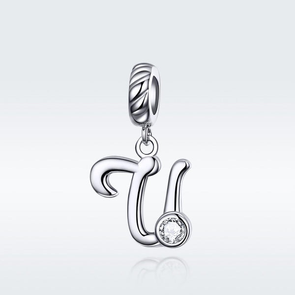 U Letter Initial Platinum Plated Sterling Silver Crystal Zircon Charm Bracelet Necklace