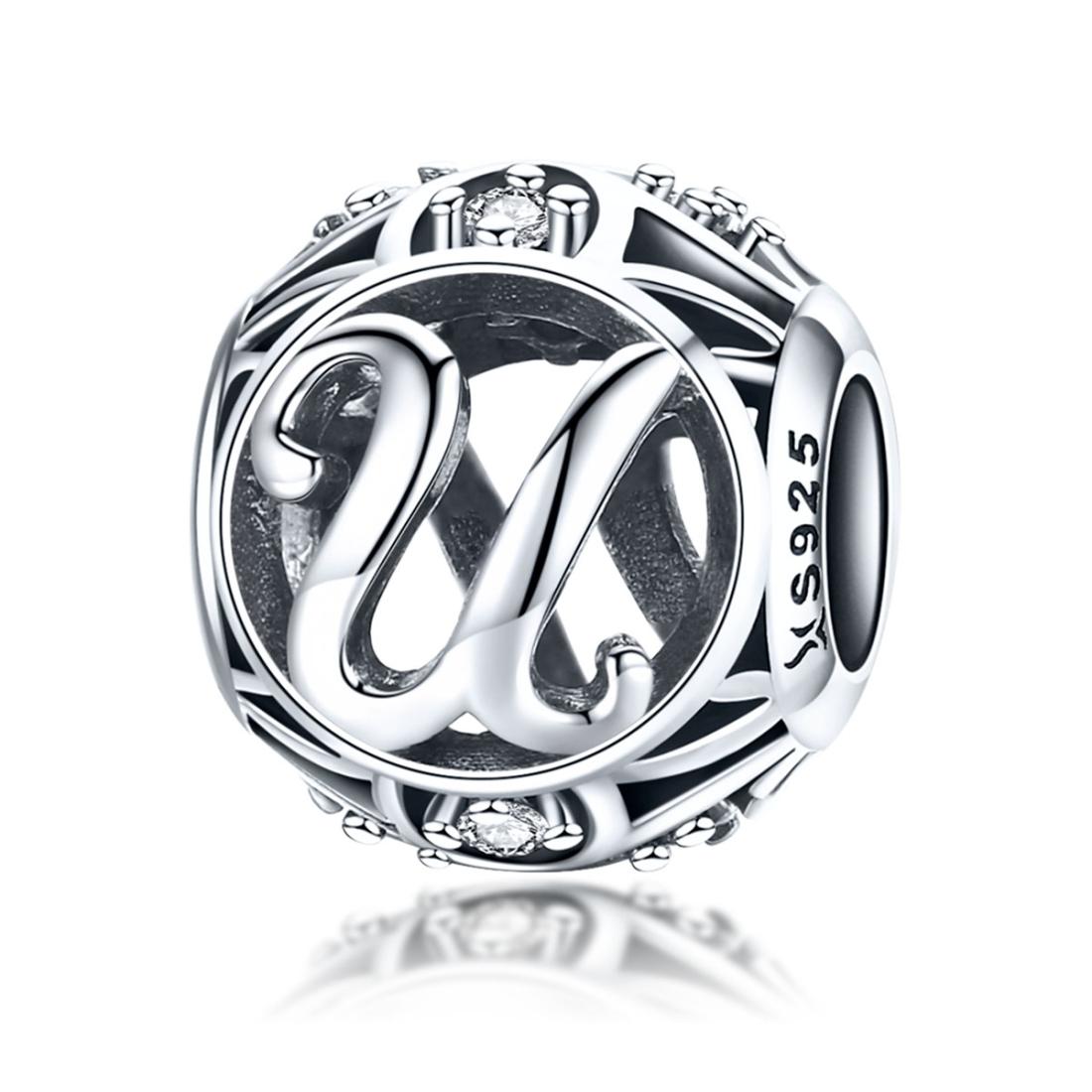 U Initial Letter Sterling Silver Zircon CZ Bead Charm Bracelet Necklace