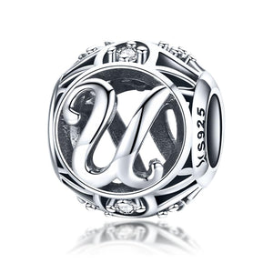 U Initial Letter Sterling Silver Zircon CZ Bead Charm Bracelet Necklace