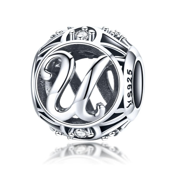 U Initial Letter Sterling Silver Zircon CZ Bead Charm Bracelet Necklace