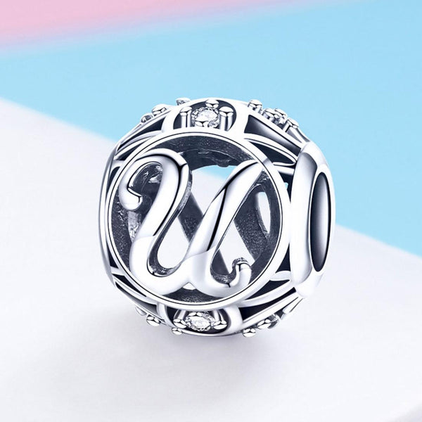 U Initial Letter Sterling Silver Zircon CZ Bead Charm Bracelet Necklace