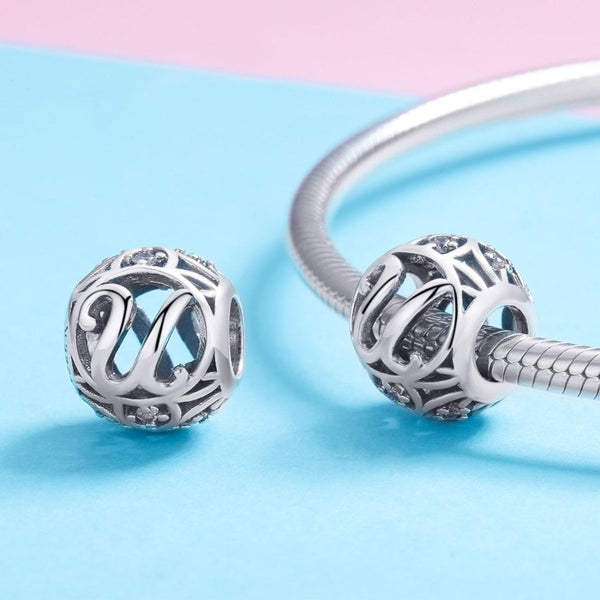 U Initial Letter Sterling Silver Zircon CZ Bead Charm Bracelet Necklace
