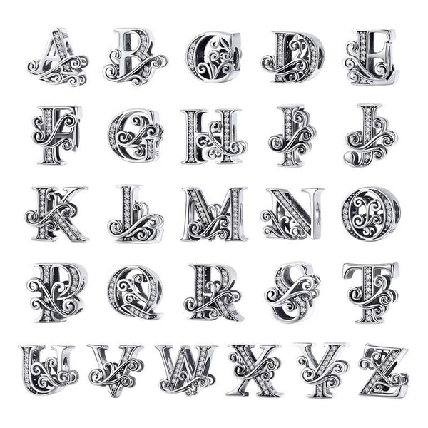 Initial Letter Gothic Victorian Sterling Silver Zircon CZ Bead Charm Bracelet U