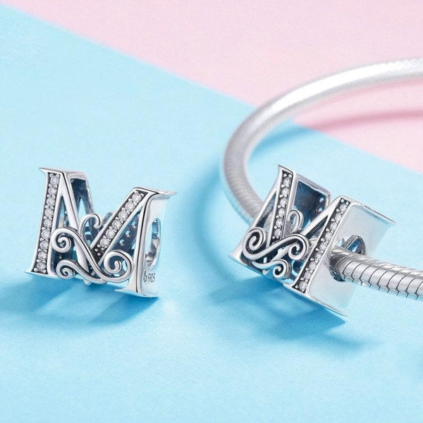 Initial Letter Gothic Victorian Sterling Silver Zircon CZ Bead Charm Bracelet U