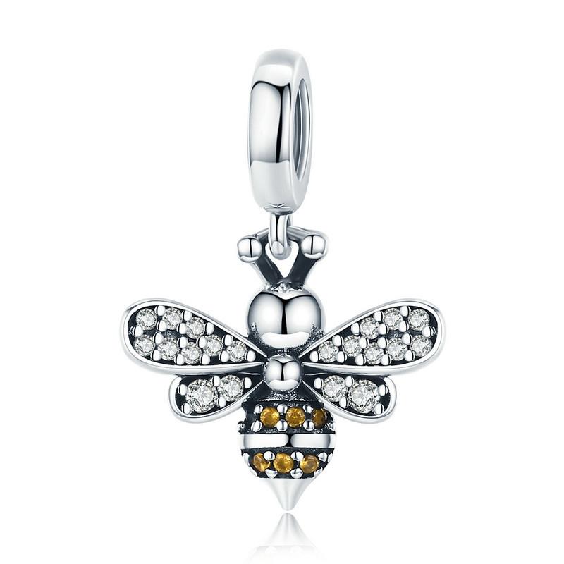 Bee Sterling Silver Zircon CZ Bead Charm Bracelet Necklace Pendant