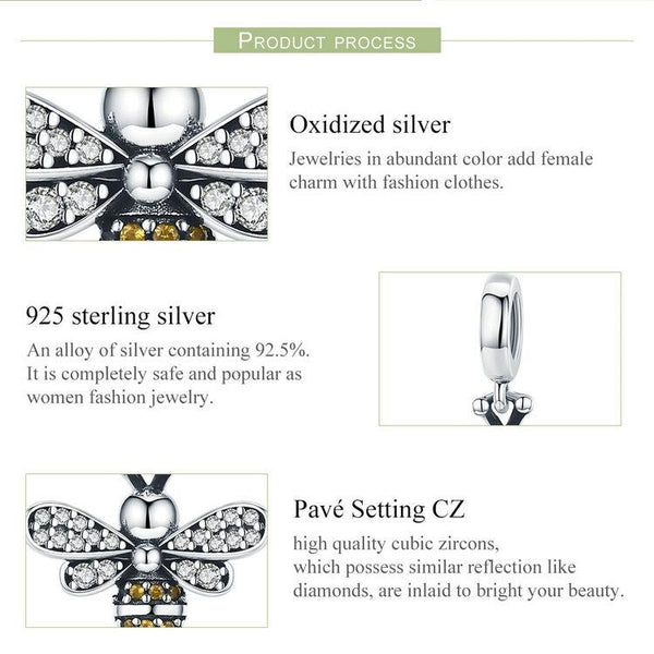 Bee Sterling Silver Zircon CZ Bead Charm Bracelet Necklace Pendant