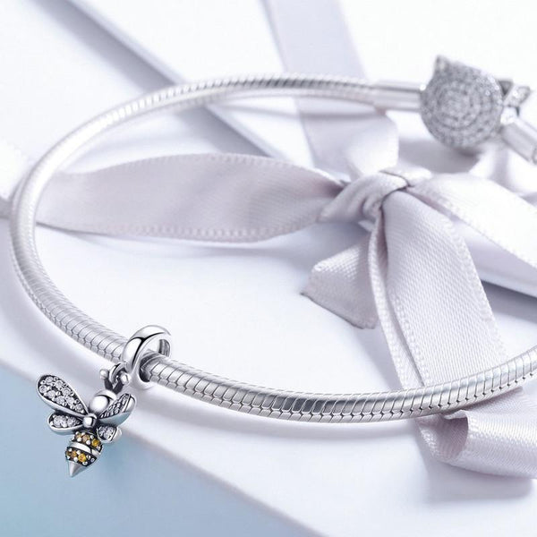 Bee Sterling Silver Zircon CZ Bead Charm Bracelet Necklace Pendant