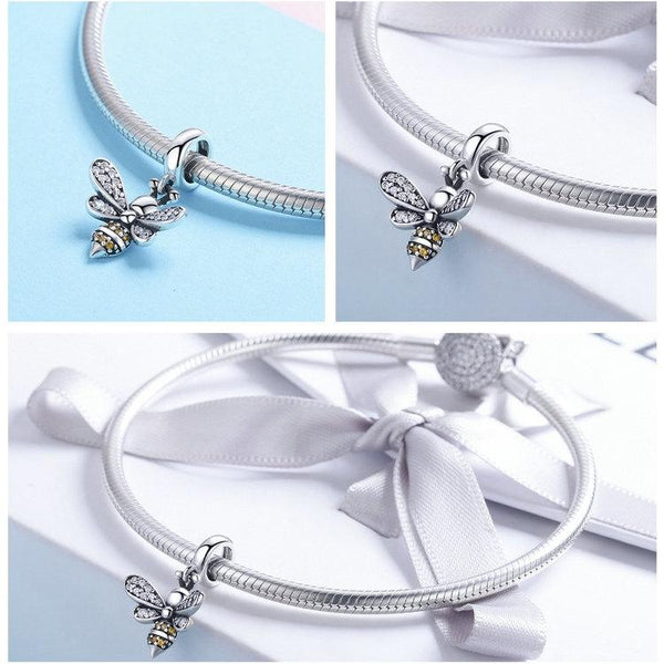 Bee Sterling Silver Zircon CZ Bead Charm Bracelet Necklace Pendant