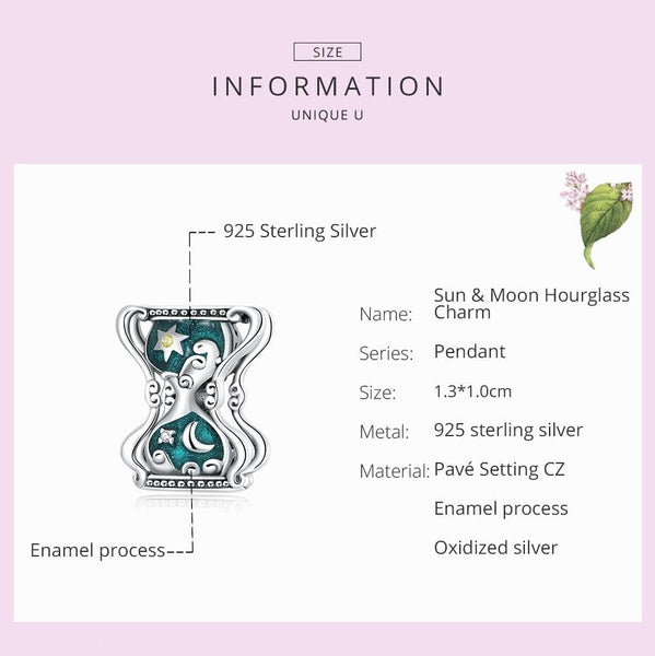 Sun Moon Hourglass Enamel Sterling Silver Zircon CZ Bead Charm Bracelet Necklace