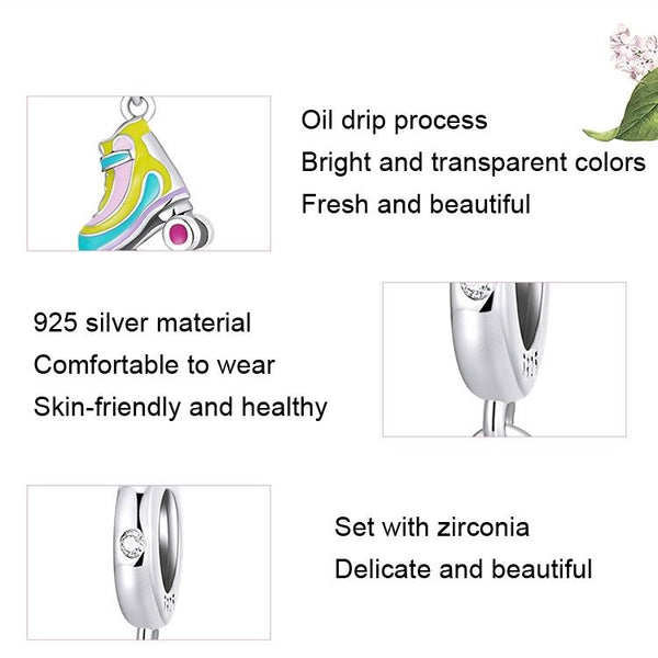 Rollerblade Roller Skate Enamel Sterling Silver Bead Charm Bracelet Necklace