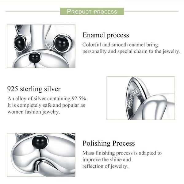 French Bulldog Enamel Sterling Silver Bead Charm Bracelet Necklace Pendant