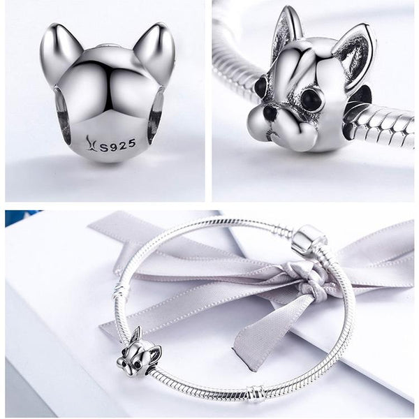 French Bulldog Enamel Sterling Silver Bead Charm Bracelet Necklace Pendant