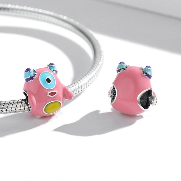 Pink Monster Enamel Sterling Silver Bead Charm Bracelet Necklace Pendant