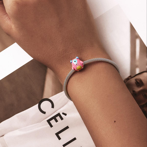 Pink Monster Enamel Sterling Silver Bead Charm Bracelet Necklace Pendant