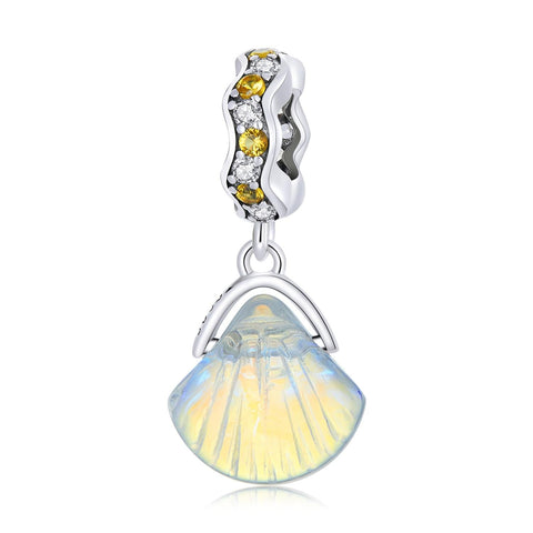 Iridescent Glass Shell Sterling Silver Ziron CZ Bead Charm Bracelet Necklace