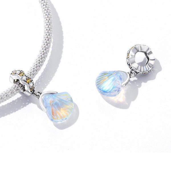 Iridescent Glass Shell Sterling Silver Ziron CZ Bead Charm Bracelet Necklace