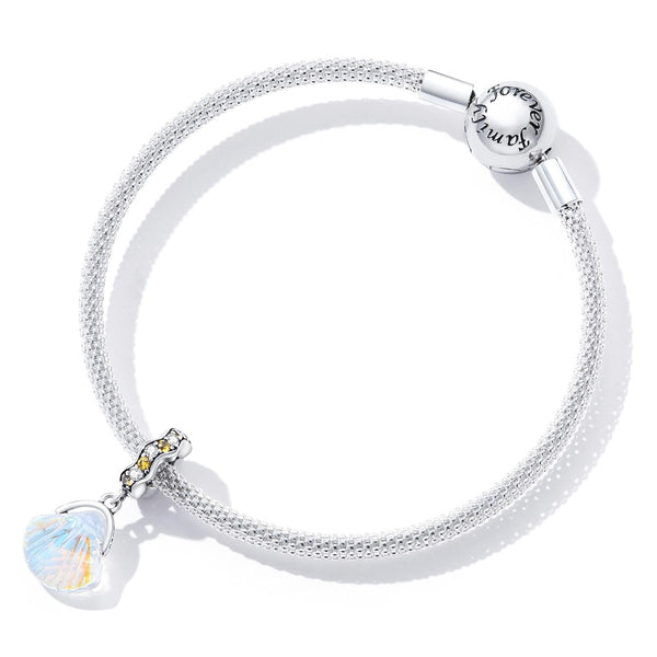 Iridescent Glass Shell Sterling Silver Ziron CZ Bead Charm Bracelet Necklace