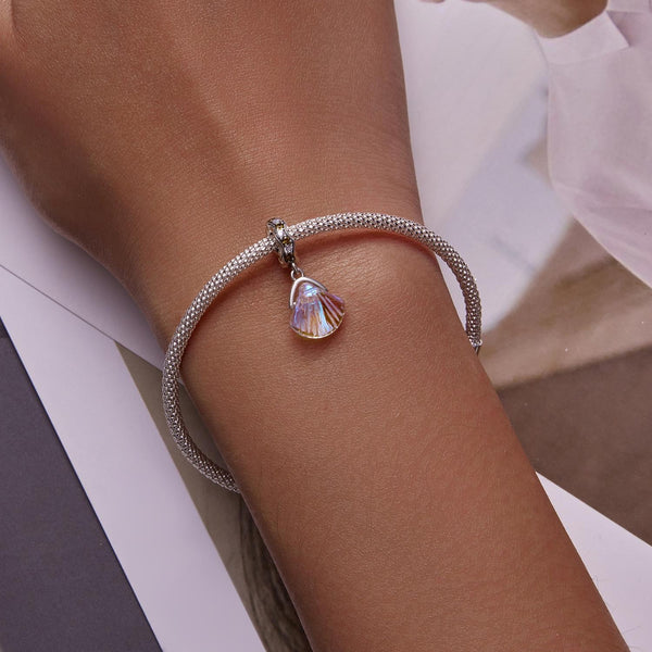 Iridescent Glass Shell Sterling Silver Ziron CZ Bead Charm Bracelet Necklace
