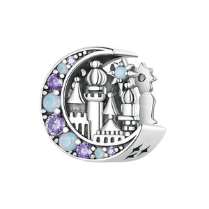 Fairy Castle Moon Sterling Silver Zircon CZ Opal Look Bead Charm Bracelet