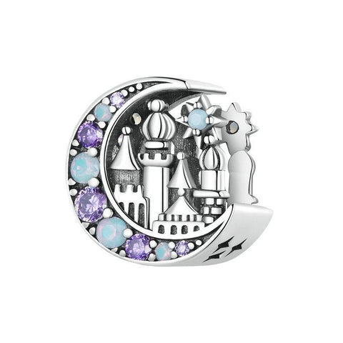 Fairy Castle Moon Sterling Silver Zircon CZ Opal Look Bead Charm Bracelet