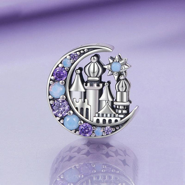 Fairy Castle Moon Sterling Silver Zircon CZ Opal Look Bead Charm Bracelet