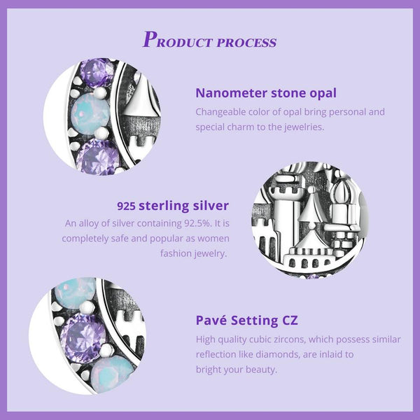Fairy Castle Moon Sterling Silver Zircon CZ Opal Look Bead Charm Bracelet