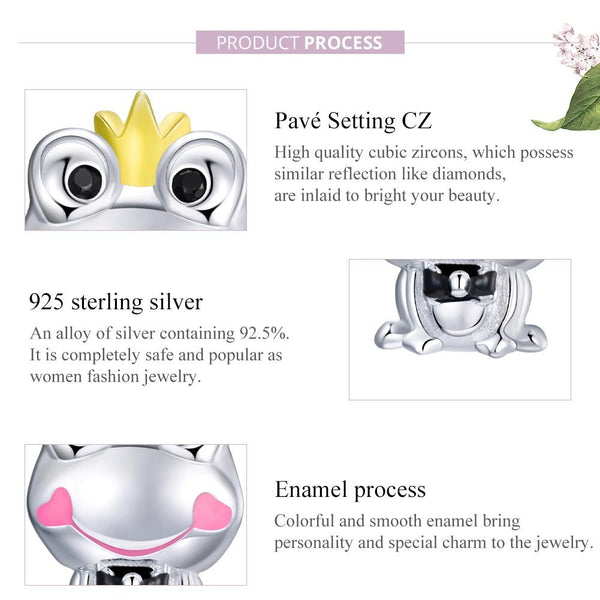 Frog Prince Charming Enamel Sterling Silver Zircon CZ Bead Charm Bracelet Necklace