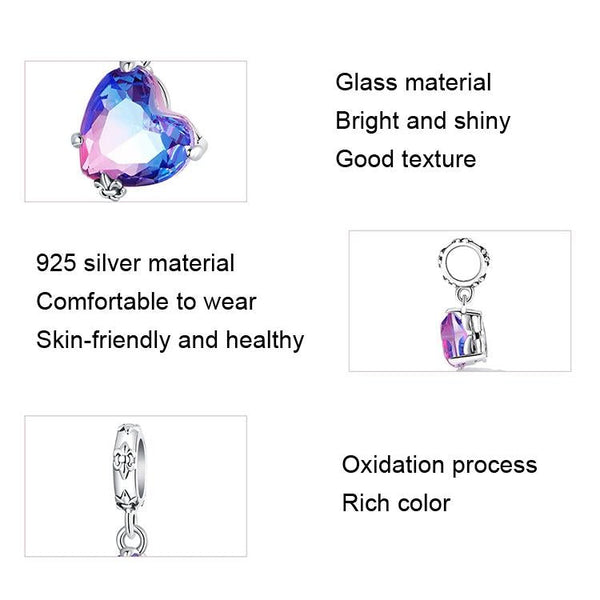 Rainbow Heart Glass Sterling Silver Bead Charm Bracelet Necklace Pendant