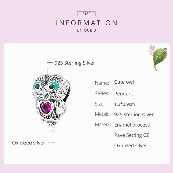 Owl Enamel Sterling Silver Zircon CZ Bead Charm Bracelet Necklace