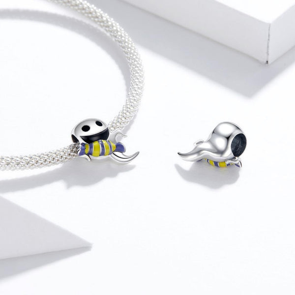 Friendly Ghost Enamel Sterling Silver Bead Charm Bracelet Necklace