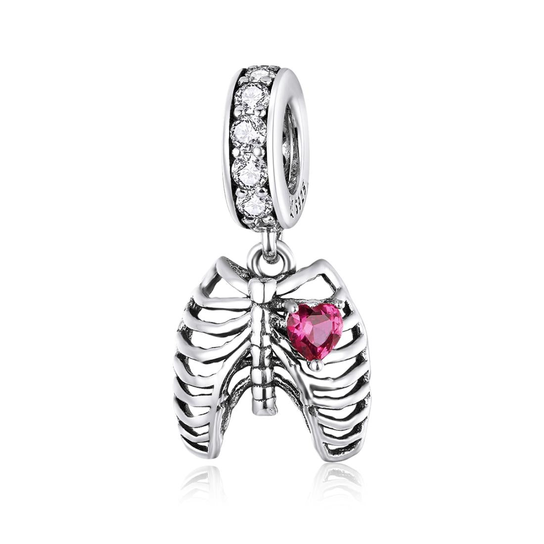 Ribcage Heart Sterling Silver Zircon CZ Bead Charm Bracelet Necklace Pendant
