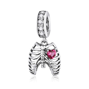 Ribcage Heart Sterling Silver Zircon CZ Bead Charm Bracelet Necklace Pendant