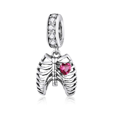 Ribcage Heart Sterling Silver Zircon CZ Bead Charm Bracelet Necklace Pendant