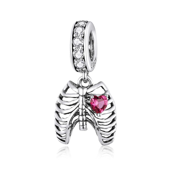 Ribcage Heart Sterling Silver Zircon CZ Bead Charm Bracelet Necklace Pendant