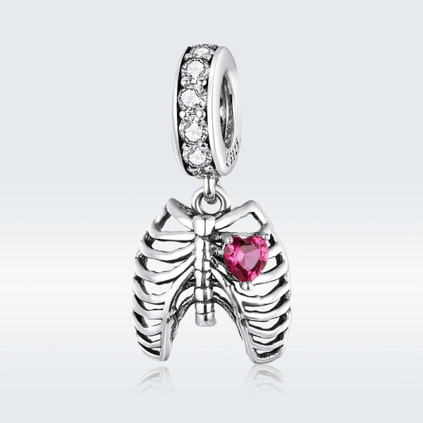 Ribcage Heart Sterling Silver Zircon CZ Bead Charm Bracelet Necklace Pendant