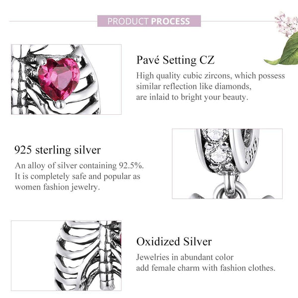 Ribcage Heart Sterling Silver Zircon CZ Bead Charm Bracelet Necklace Pendant