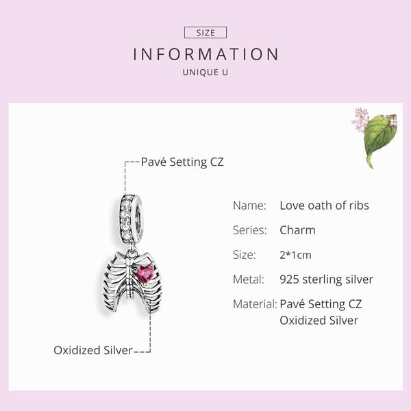 Ribcage Heart Sterling Silver Zircon CZ Bead Charm Bracelet Necklace Pendant