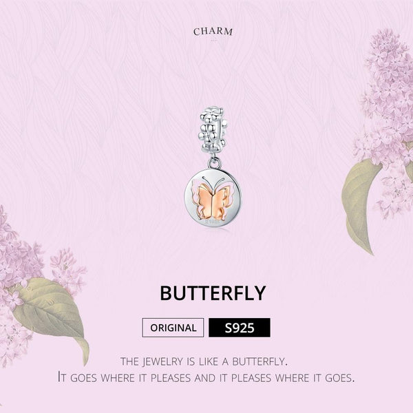 Butterfly Platinum Rose Gold Plated Sterling Silver Bead Charm Bracelet Necklace