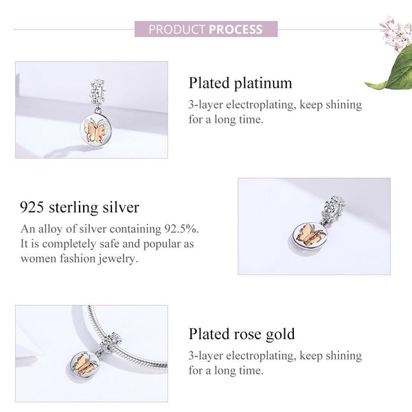 Butterfly Platinum Rose Gold Plated Sterling Silver Bead Charm Bracelet Necklace